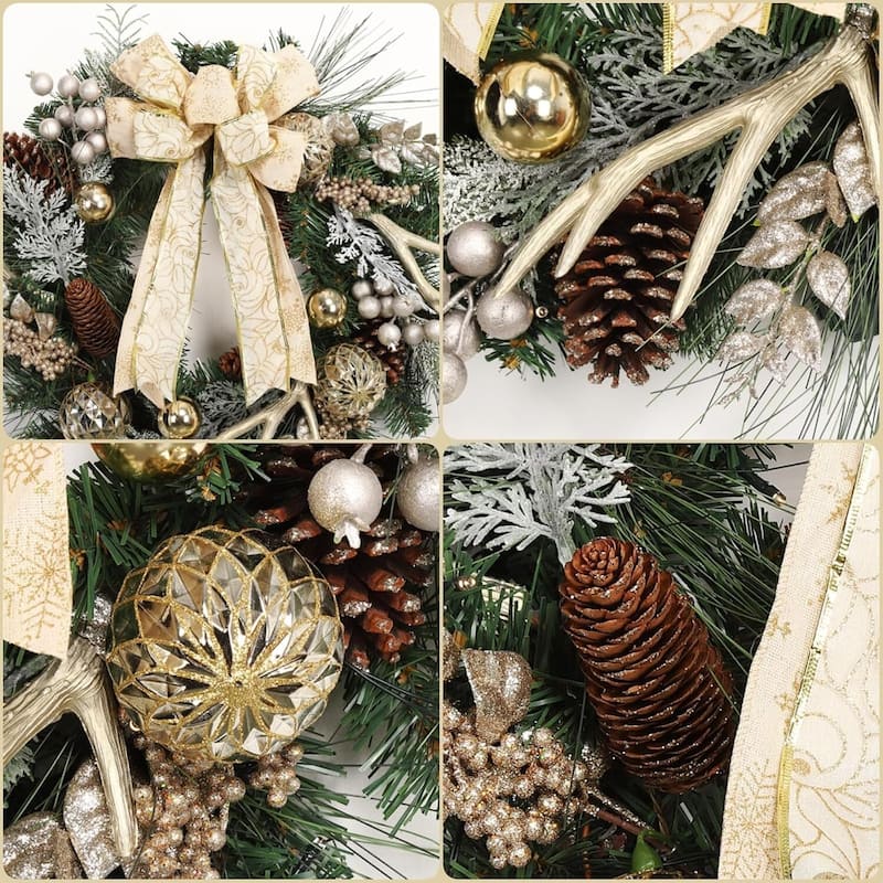 24 Inch Christmas Wreath with Lights for Front Door with Antlers Gold Balls - N/A