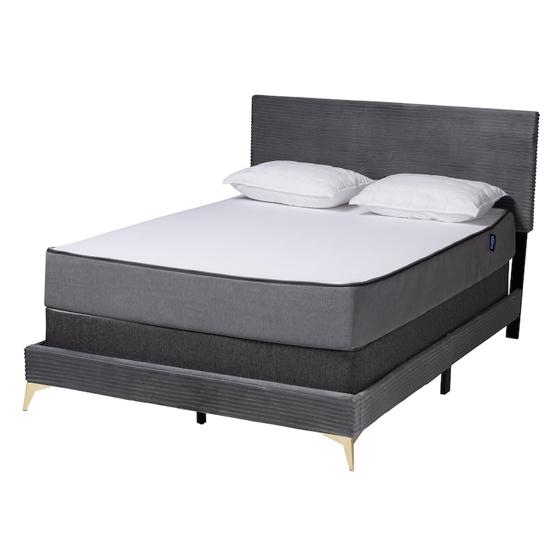 Velvet Queen Bed - Modern Panel Bed with Gold Metal Legs, Channel Tufted Headboard, Bedroom Furniture