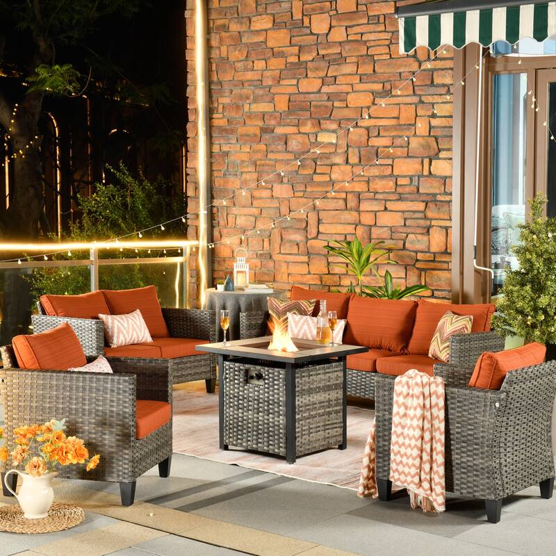 OVIOS 5-piece Patio Loveseat Wicker Set with 30" Fire Pit - Red/Orange