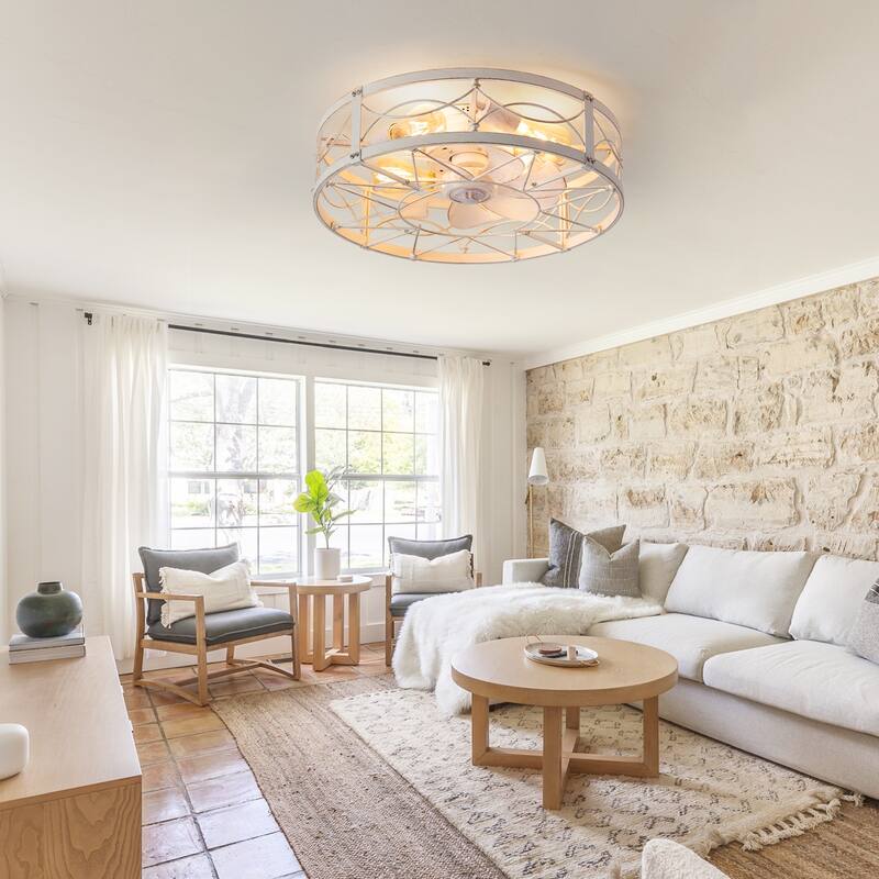 20-in Vintage Distressed White Caged Ceiling Fan with Light and Remote (7-Blade)