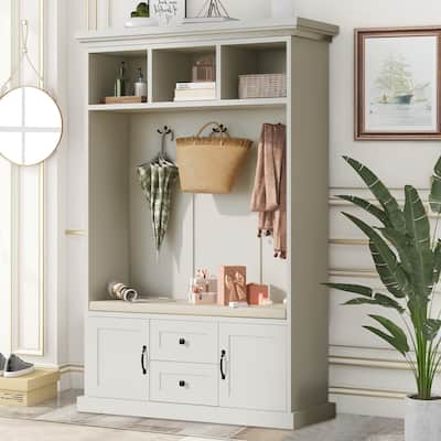 47"W Hall Tree with 3 Metal Double Hooks,3 Open Shelves,Shoe Storage - 3-in-1