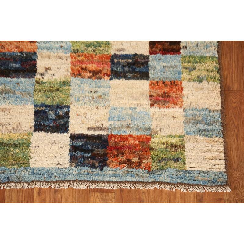 Checkered Moroccan Oriental Runner Rug Handmade Wool Carpet - 3'2" x 9'8"