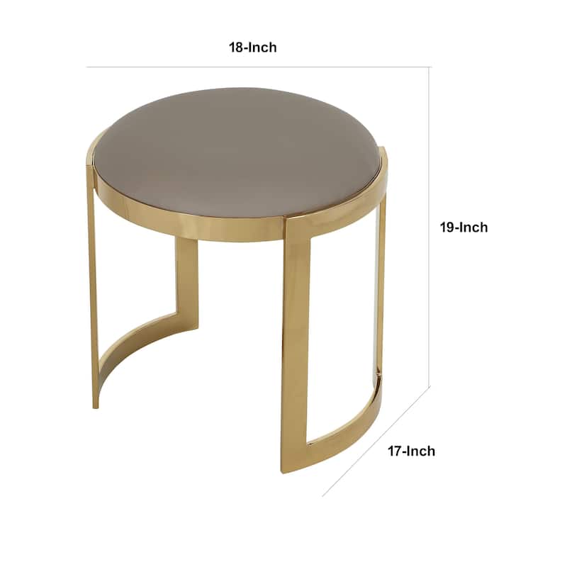 Niyo 19 Inch Ottoman Stool, Round Sand Faux Leather, Stainless Steel, Gold