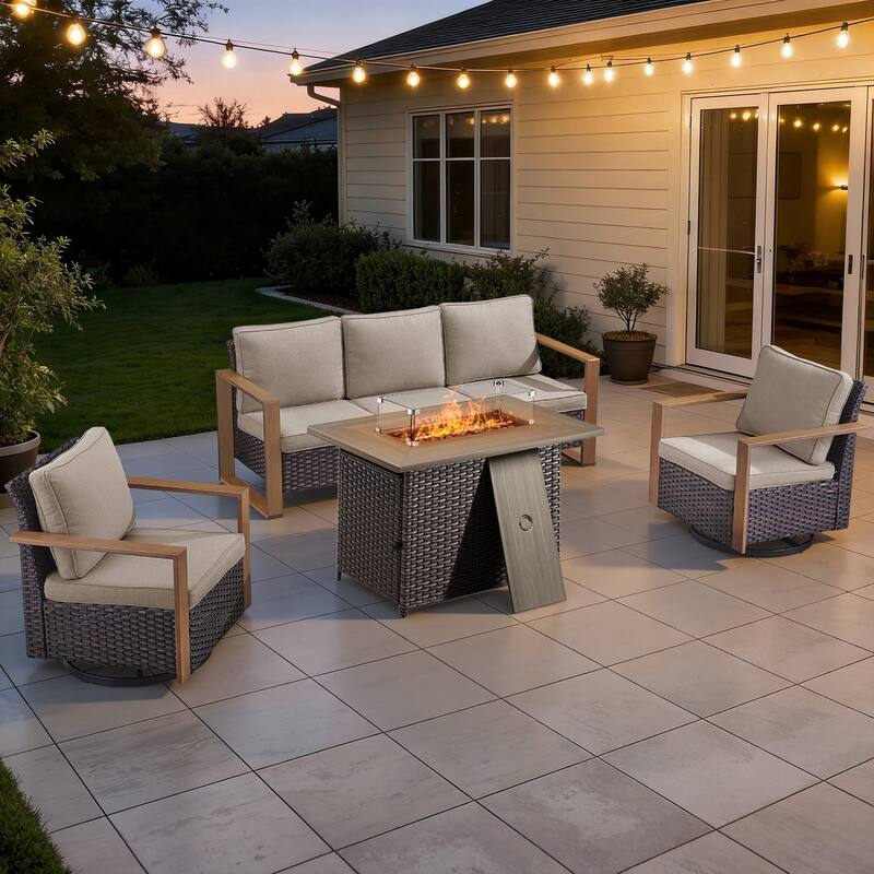 Meyreso Wicker Outdoor Patio Fire Pit Set with Swivel Gliders & 4.5" Olefin Cushions - Brown / Beige Cushions - 4-Piece