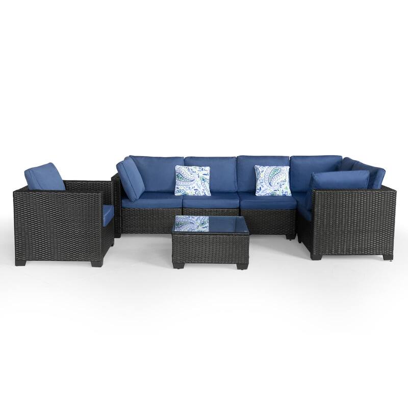 7-Piece Outdoor Black Wicker Conversation Sofa Set with Table, Cushion