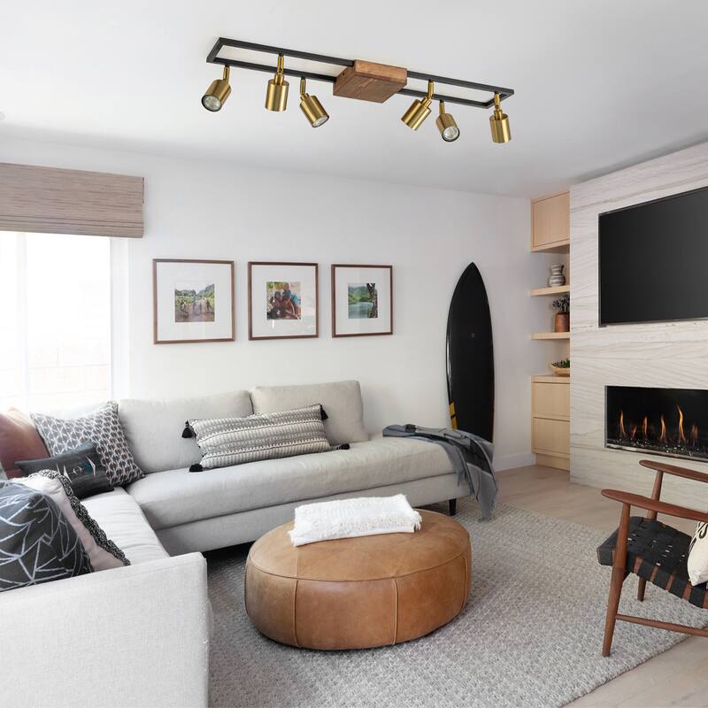 6 Light Farmhouse Rectangle Flush Mount Ceiling Fixture Track Light with Rotating Head - Gold