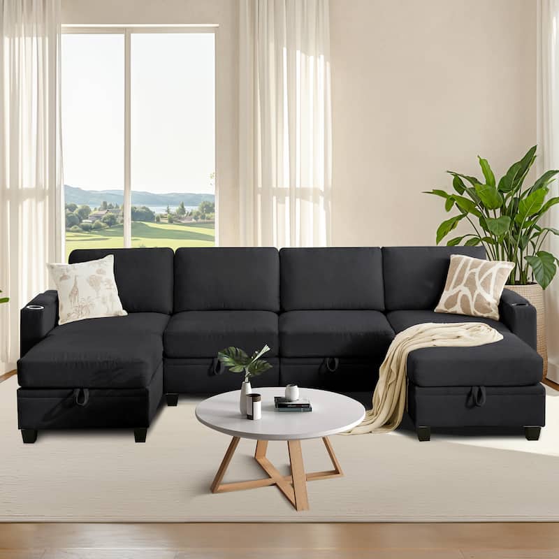 Chenille Sectional Sofa, Hidden Storage & Modular Design