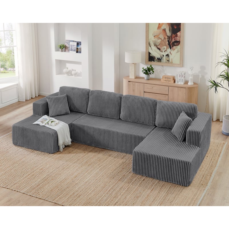 Modular Floor Standing Chaise Lounge Couch, U-shaped Sectional Sofa, Living Room Corduroy Upholstered Compressed Sofa