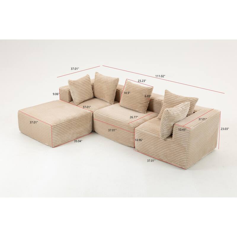 Floor Standing Deep Seat Sofa Corduroy Modular L-shaped Sectional Sofa with Chaise Lounge Compressed Sofa with Ottoman