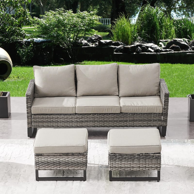Pocassy Outdoor 3-Seat Sofa Ottomans Set of 3 - Grey - Beige