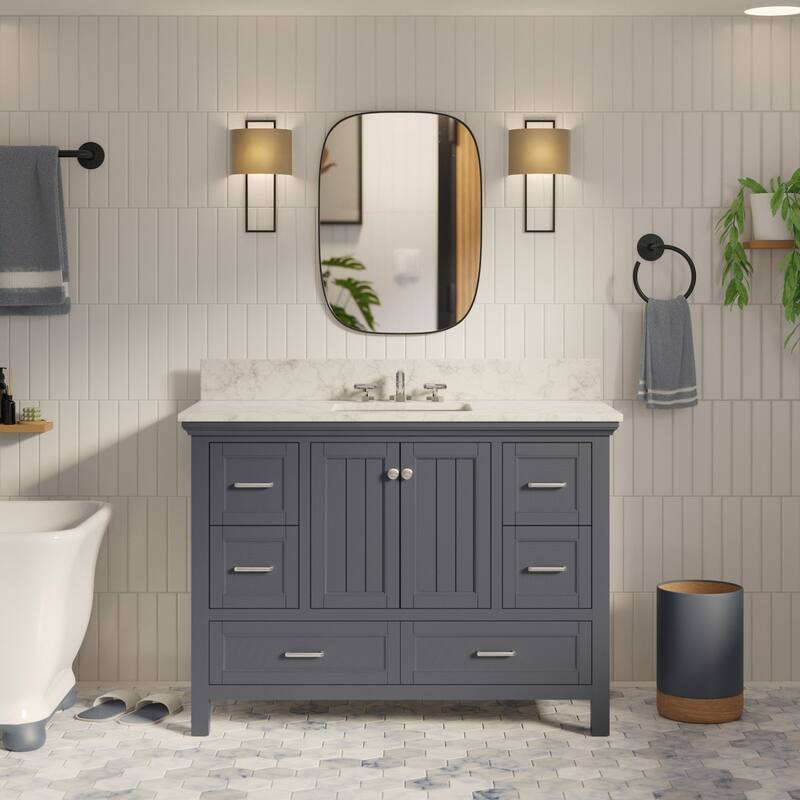 KitchenBathCollection Paige 48" Bathroom Vanity with Carrara Marble Top - Marine Gray