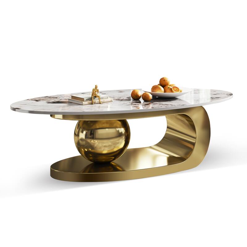 51 Inches Oval Faux Marble Coffee Table for Living Room with Stainless Steel Base
