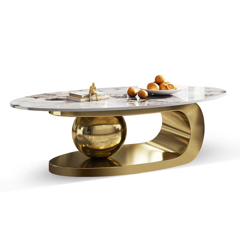 Modern Marble-Effect Coffee Table Stylish Coffee Table Oval Coffee Table with Base Perfect,for Living Room