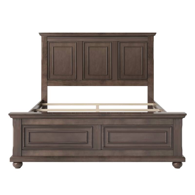 Panel Bed with Elevated Headboard, Fretwork Accents, Pinewood