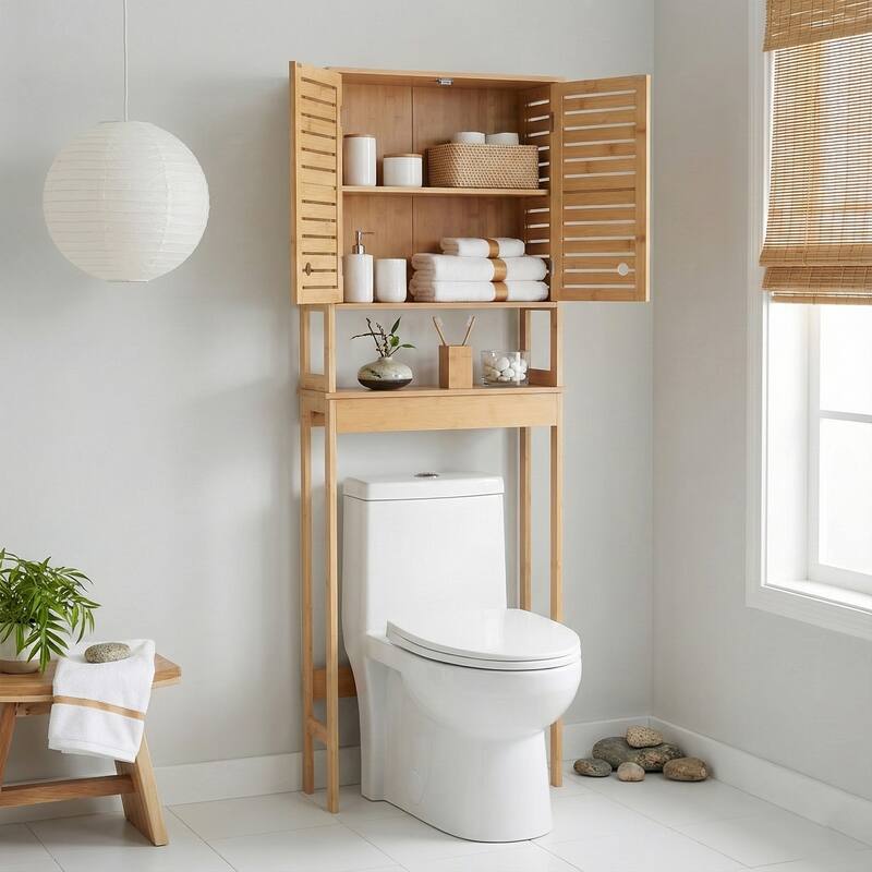 Over The Toilet Storage Cabinet with Double Vented Doors and Open Shelf, Natural - Trinidad Collection
