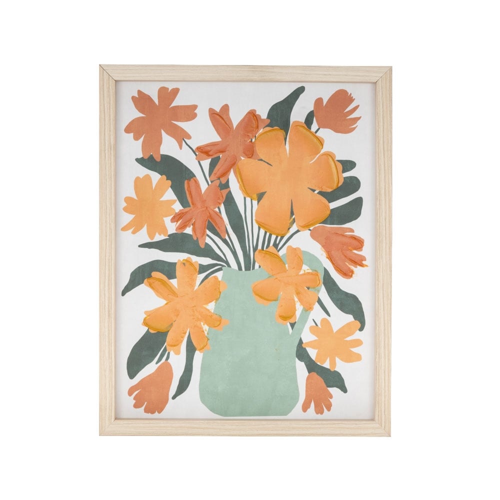 Canvas Floral Framed Wall Art with Green Leaves and Vase - Orange - Roche River Decor