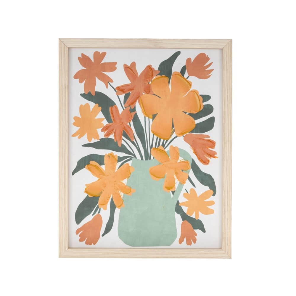 Canvas Floral Framed Wall Art with Green Leaves and Vase - Orange - Roche River Decor