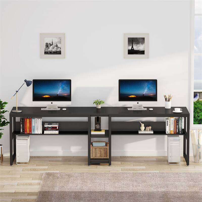 Two Person Desk with Bookshelf, Double Office Desk