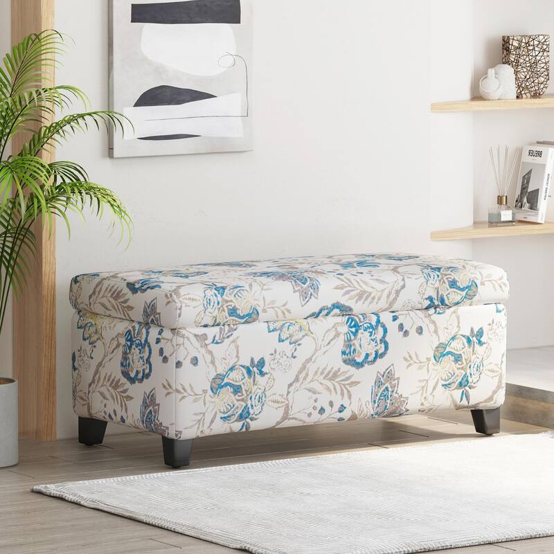 Luxury Storage Ottoman with Floral Patterned Fabric, Soft-Close Hinges, Multi-Functional Footrest & Seat - Blue Flower,Blue Multi