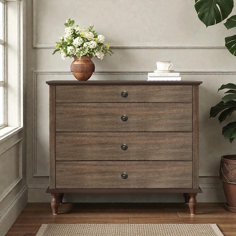 Large 4-Drawer Wood Dresser with Solid Wood Feet, Brown Finish & Metal Knobs, Antique Storage Chest - Deep Brown