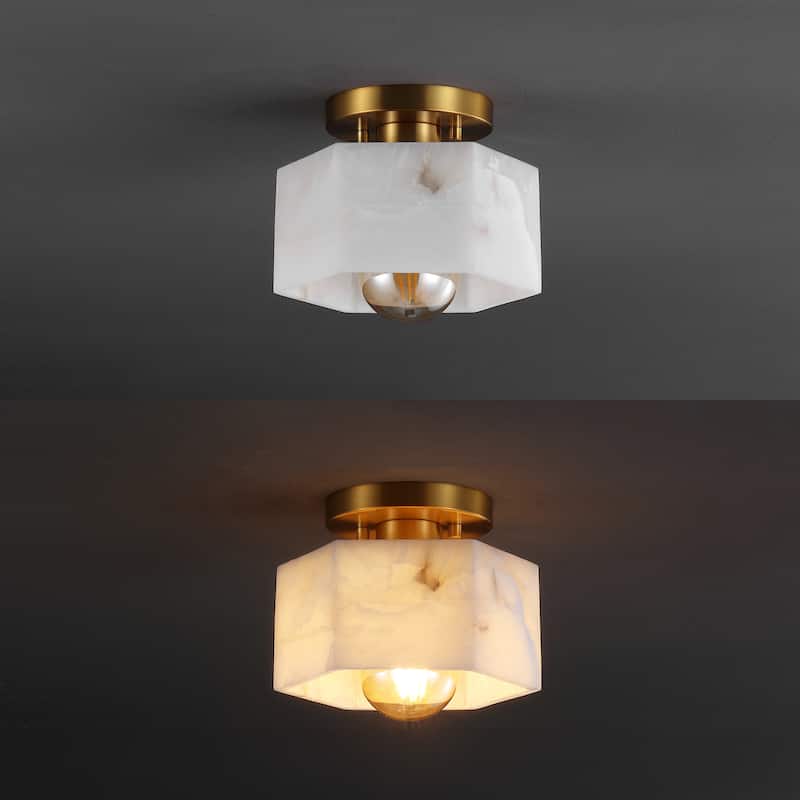 Celine 8" 1-Light Modern Contemporary Alabaster/Iron Hexagonal LED Semi Flush Mount, White Marbling/Brass Gold by JONATHAN Y