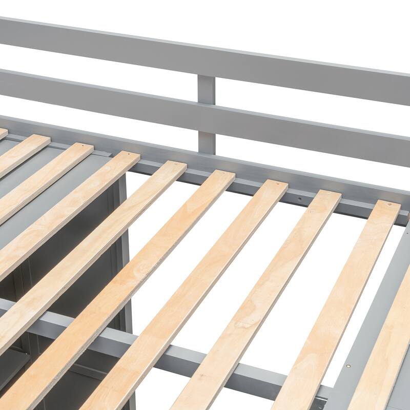 Full Size Loft Bed with Built-in Wardrobe, Desk and Shelves in Modern Gray