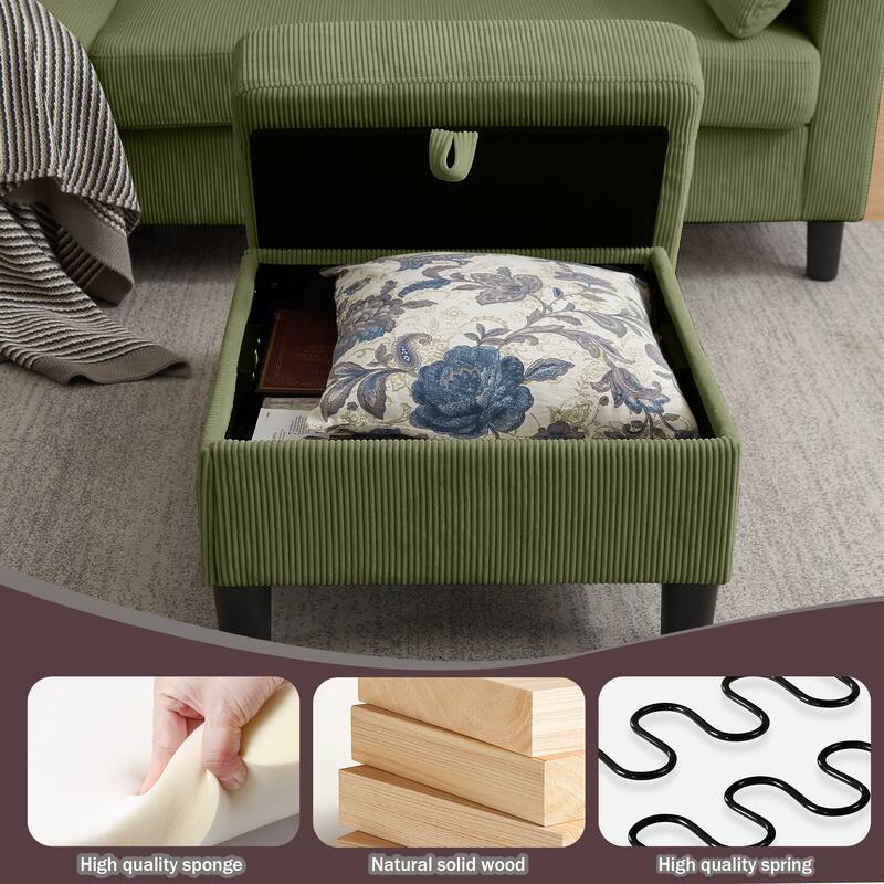 101"Corduroy 3 Piece Living Room Set Including 4 Seater Sofa ,2 Storage Ottoman and Chair