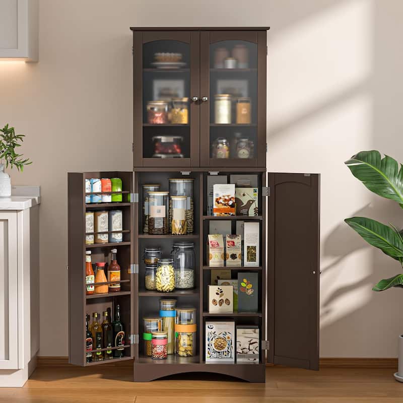 64" Kitchen Pantry Cabinet, Tall Storage Cabinet with Glass Doors and Adjustable Shelves