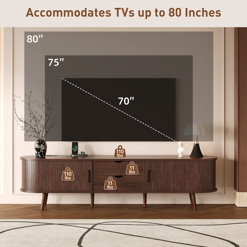 70" Mid Century TV Stand with Tambour Doors & Drawers, Media Console for 80" TVs, Living Room & Bedroom Storage