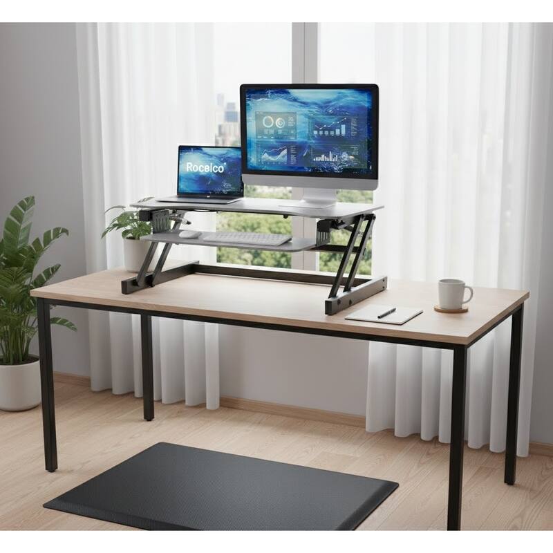 Rocelco 40 in. W White Height Adjustable Standing Desk Converter with Anti Fatigue Mat Computer Workstation Riser Keyboard Tray