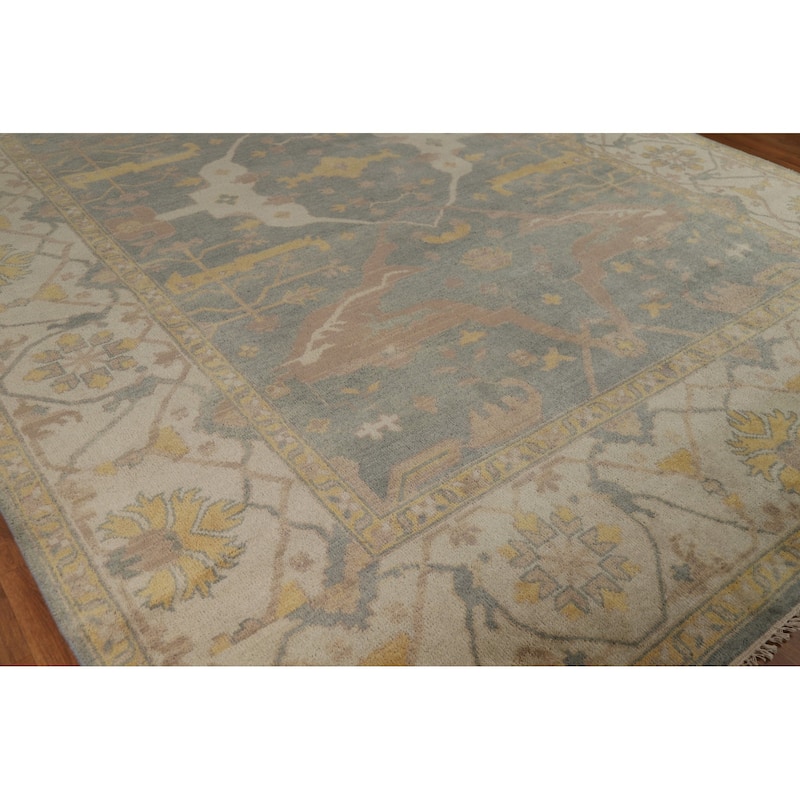 Oushak Indian Area Rug Hand-Knotted Transitional Green Wool Carpet - 9'11"x 13'8"