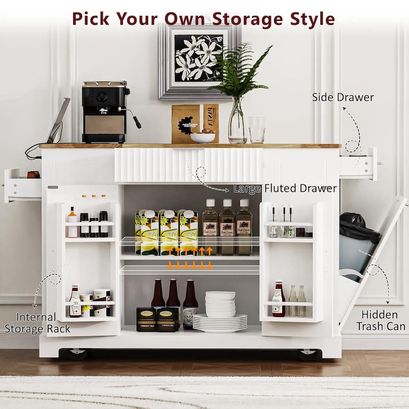 Rolling Kitchen Island w/ Power Outlet,Internal Rack,3 Open Side Racks