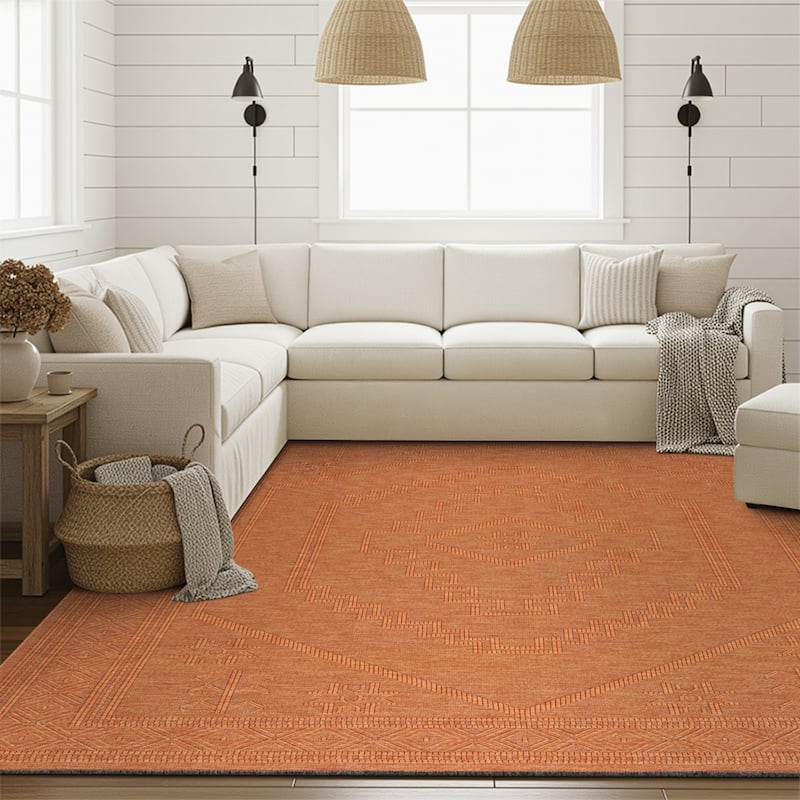 Alameda Solid Color Medallion Machine Washable Indoor Area Rug - 7'9'' x 10'3'' - Orange/Copper