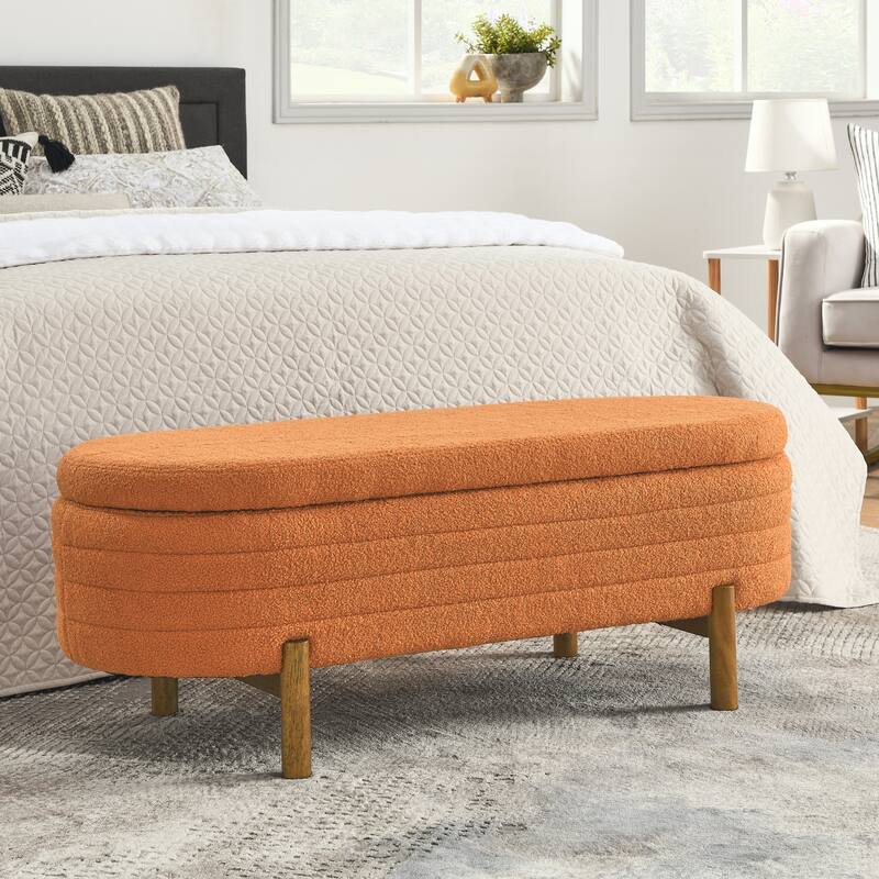 Small Ottoman Oval Storage Bench with Rubber Wood Leg Bedroom Upholstered Footstool Bench with Hidden Storage