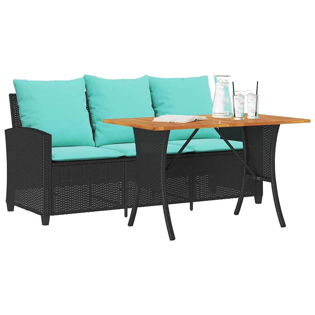 vidaXL Patio Sofa 3-Seater with Cushions&Table Black Poly Rattan - 66.1" x 28.3" x 31.1"
