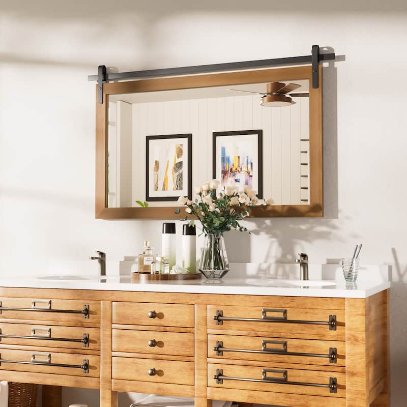 Farmhouse Barn Door Solid Wood Frame Bathroom Vanity Wall Mirror