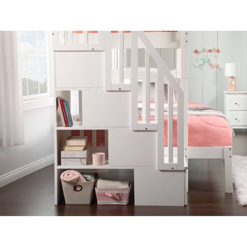 AFI Westbrook Twin over Full Size Staircase Bunk Bed with Bed Drawers & Charging Station in White