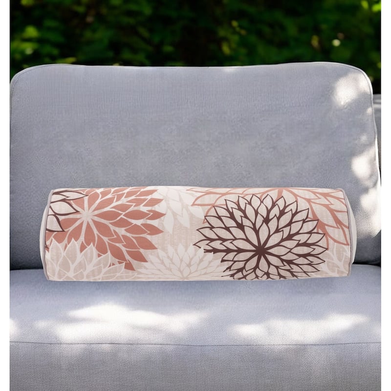 6" X 20" Brown Beige and Ivory Bolster Floral Indoor Outdoor Throw Pillow - 6" x 20" - 6" x 20" - Brown Beige and Ivory