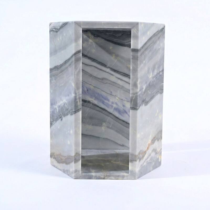 Roomfitters Luxury Natural Marble Hexagon Side Table, Solid Stone Geometric Pedestal End Table, Polished Finish