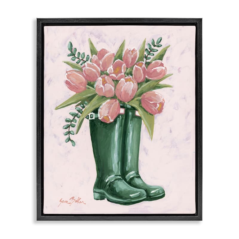 Stupell Pink Tulips in Boots Framed Floater Canvas Wall Art Design By Sara Baker - 25 x 31 - Black
