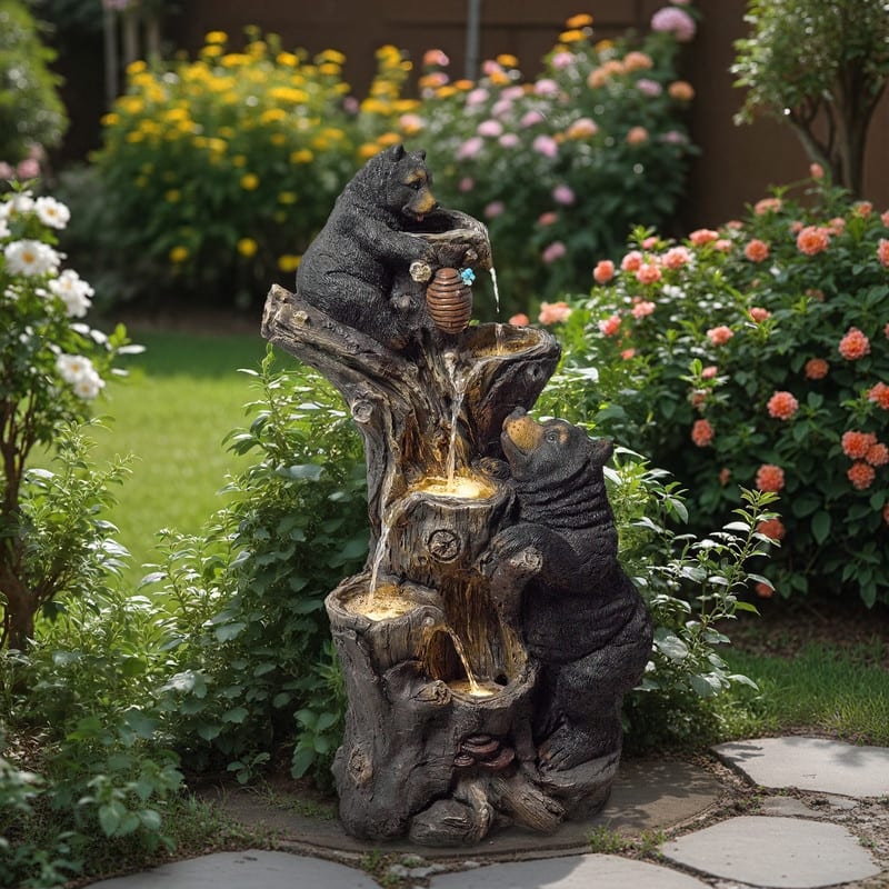 Vbal Resin Bears and Honeycomb 4-Tier water extraction Outdoor Fountain with LED Light