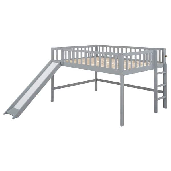 slide 2 of 9, Low Loft Bed Full Size with Ladder and Slide, Solid Wood Full Loft Bed Frame with Full-Length Guardrail for Kids, Boys, Girls Gray - Full