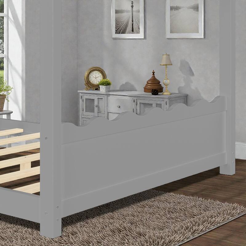 Kids Solid Wood House Floor Bed with Support Slats, Montessori Low Profile Bed, No Box Spring Needed