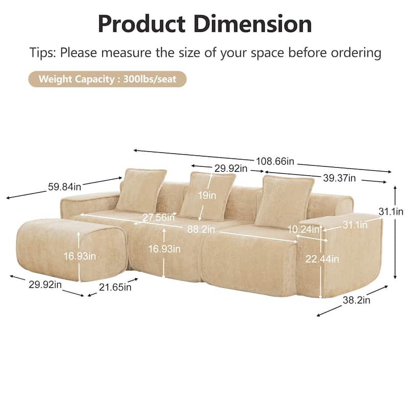GDFStudio - Streamlined Velvet 3-Seater 108.66" L-Shaped Modular Boneless Sofa with Ottoman