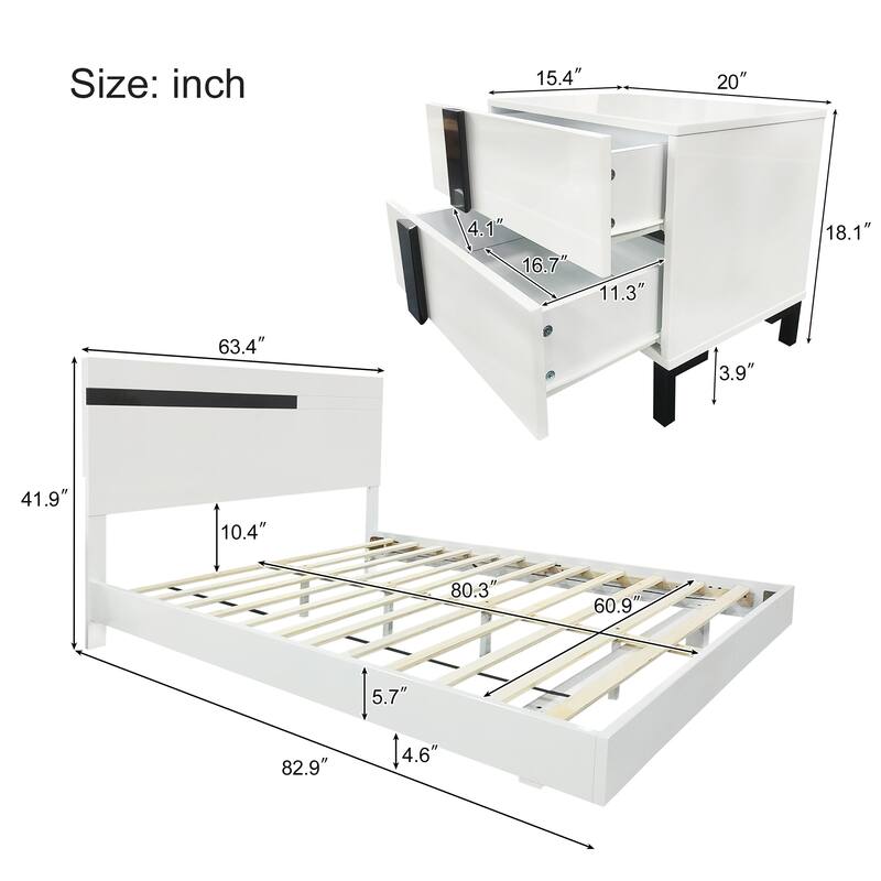 Queen Floating Bed Wood Platform Bed with LED Light and 2 Nightstands