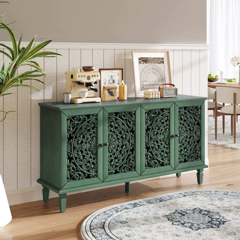 TV Stand Sideboard, Buffet Cabinet with Floral Carvings, Wood Storage Cabinet with Adjustable Shelves