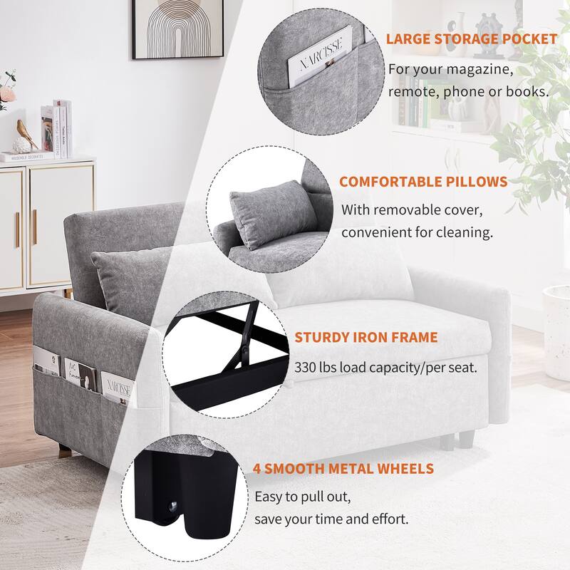 3-in-1 Pull Out Sofa Bed, Couch Bed with Adjsutable Back and Storage Pockets, 2 Seater Sofa with 2 Soft Pillows and USB Ports