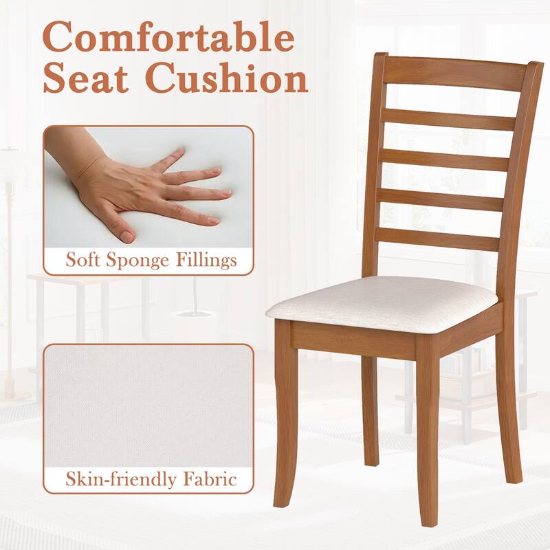 Beige Rubber Wood Kitchen Chairs Set of 2 with Slat Back and Cushioned Seats - 17.5" x 22" x 38"
