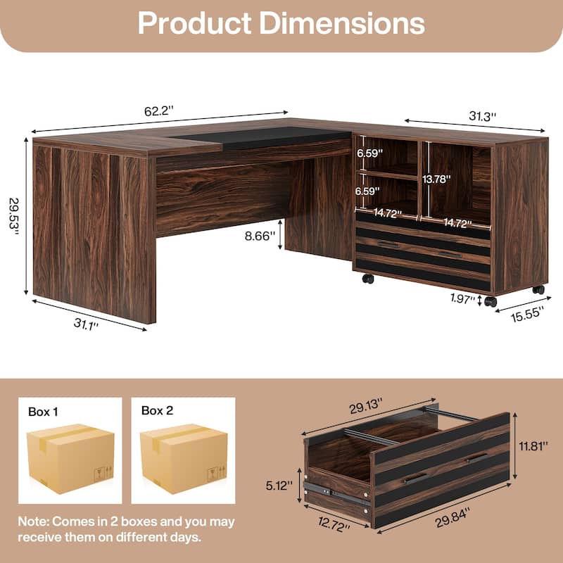 Large Executive Desk with Mobile File Cabinet, 62.2" L-Shaped Office Desk Business Workstation Set