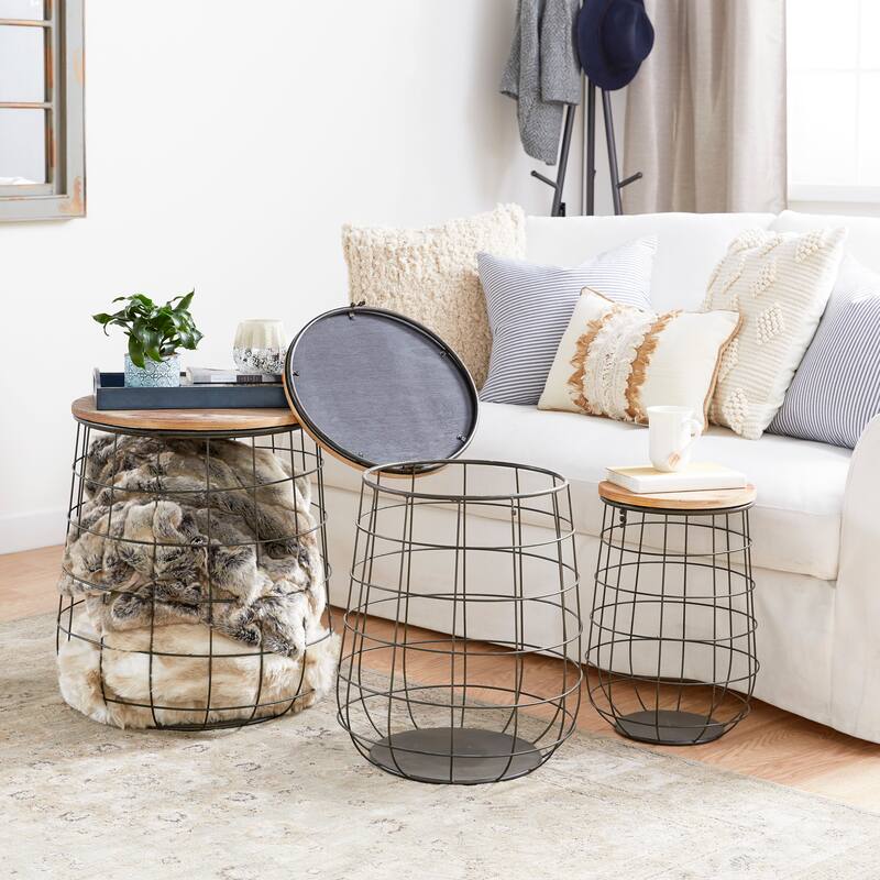 Brown Metal Decorative and Functional Storage Basket with Wood Lids (Set of 3)